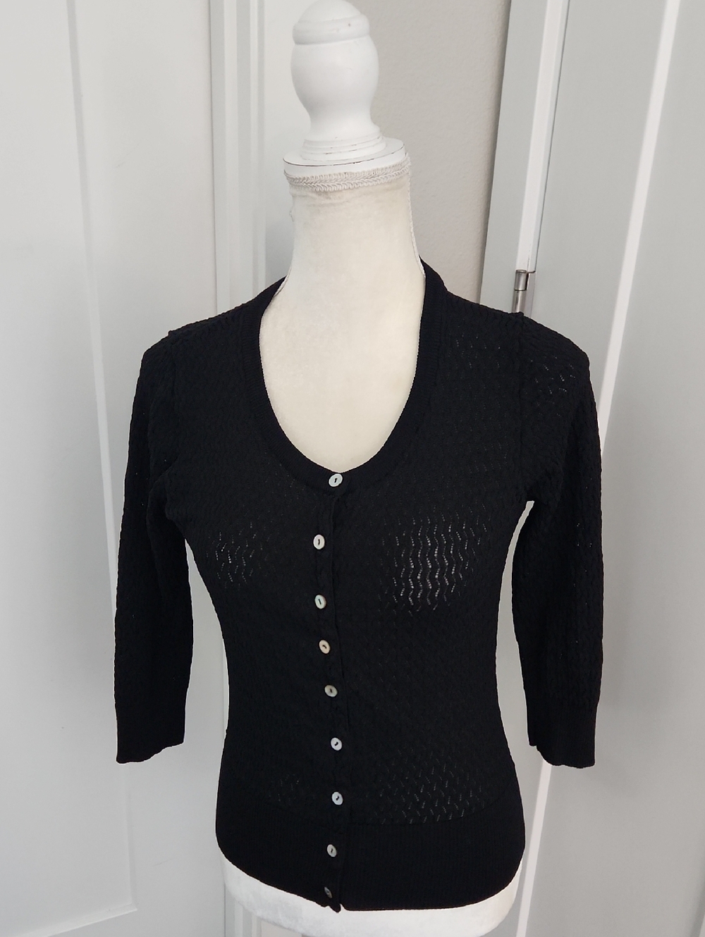 Willi Smith Black Open-Weave Button Front Cardigan